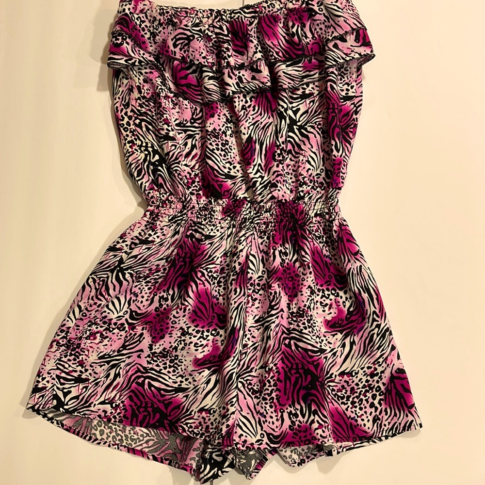 Boutique Animal Print Strapless Romper Pink Zebra Leopard Smocked Waist S